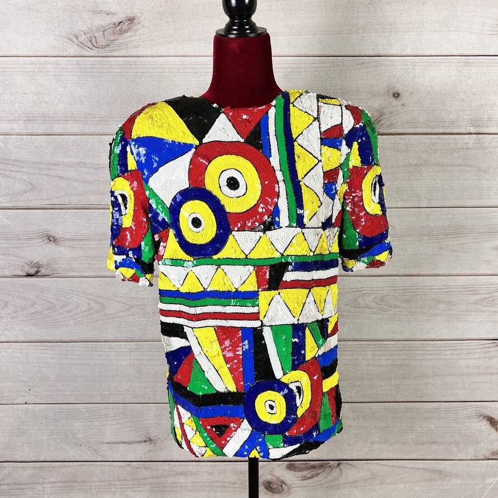 Vtg Cache Sequin 80s Color Block Blouse Shoulder … - image 1